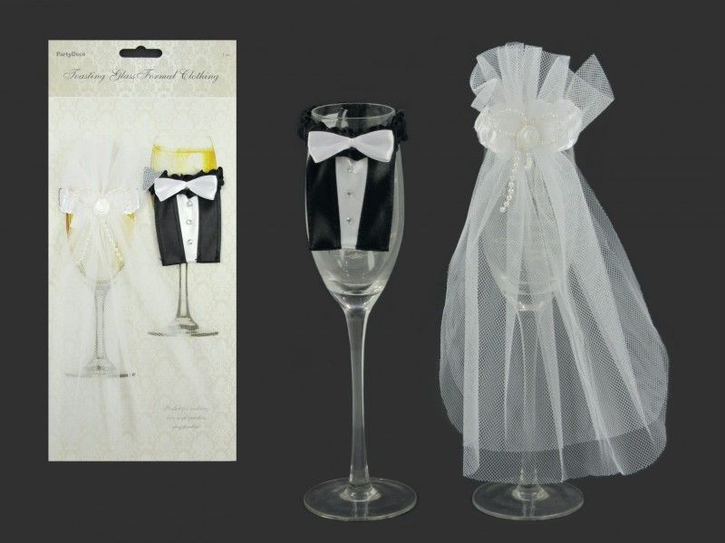 Pohár dekoráció - menyasszonyi vőlegény ruha 2db OUK