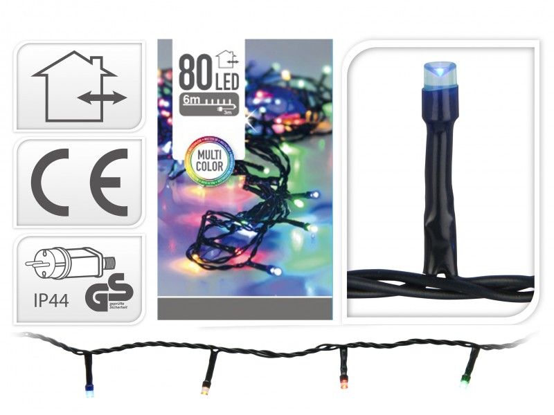 Karácsonyi 80 LEDes fényfüzér színes kül- és beltéri 9m AX8402010 - Karácsonyi LEDes fényfüzér