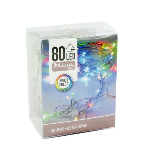 Karácsonyi 80 LEDes fényfüzér színes beltéri elemes 8,3m AXS000780 - Karácsonyi LEDes fényfüzér