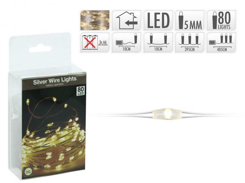 Karácsonyi 80 LEDes fényfüzér meleg fehér ezüst drót elemes 405cm AX8702030 - Karácsonyi LEDes fényfüzér