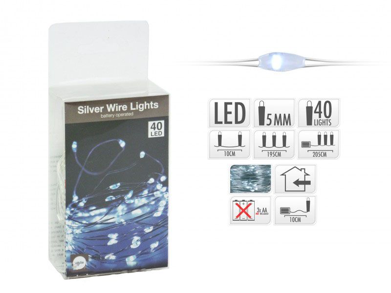 Karácsonyi 40 LEDes fényfüzér ezüstdrót hidegfehér beltéri elemes 205cm AX8701020 - Karácsonyi LEDes fényfüzér
