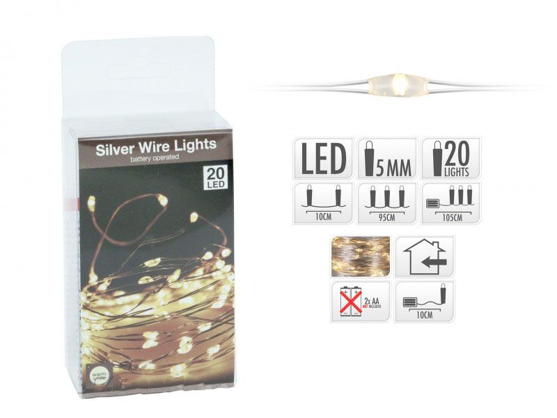 Karácsonyi 20 LEDes fényfüzér ezüstdrót melegfehér beltéri elemes 105cm AX8702010 - Karácsonyi LEDes fényfüzér