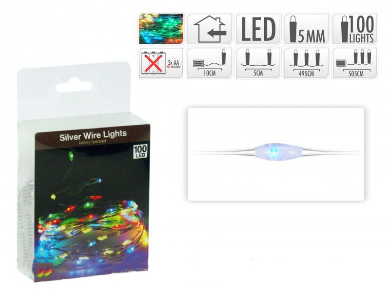 Karácsonyi 100 LEDes fényfüzér ezüstdrót színes beltéri elemes 505cm AX8703040 - Karácsonyi LEDes fényfüzér