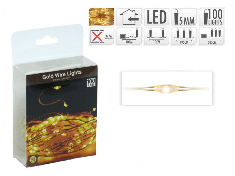 Karácsonyi 100 LEDes fényfüzér aranydrót extra melegfehér elemes 505cm AX8700040 - Karácsonyi LEDes fényfüzér
