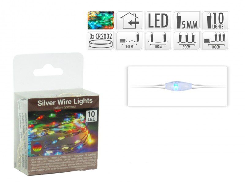 Karácsonyi 10 LEDes fényfüzér ezüstdrót színes beltéri elemes 100cm AX8703000 - Karácsonyi LEDes fényfüzér