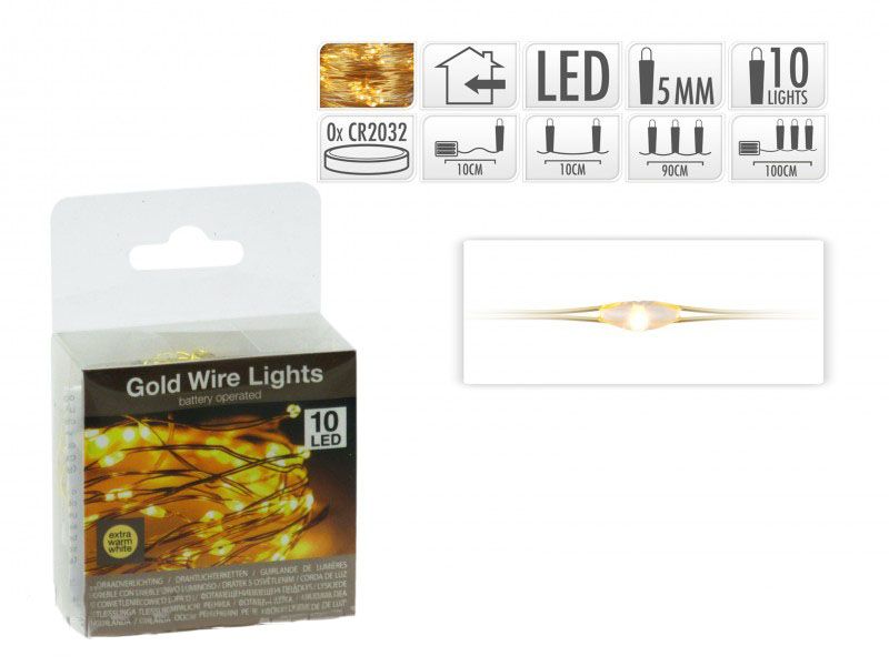 Karácsonyi 10 LEDes fényfüzér aranydrót extra melegfehér beltéri elemes 100cm AX8700000 - Karácsonyi LEDes fényfüzér