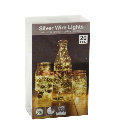 20 LEDes vízálló fényfüzér ezüstdrót melegfehér kül- és beltéri elemes 1m AX87023