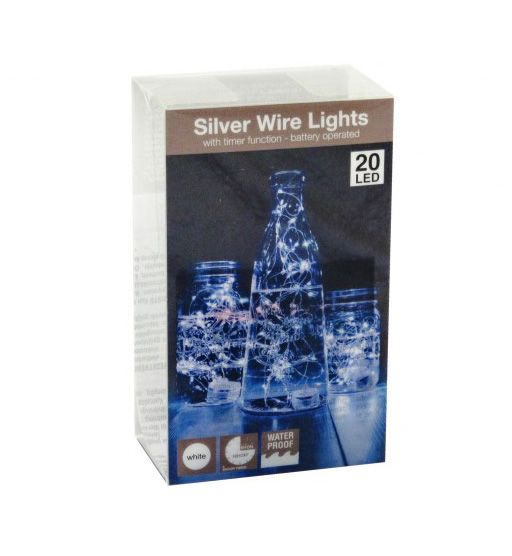 20 LEDes vízálló fényfüzér ezüstdrót fehér kül- és beltéri elemes 1m AX8701310