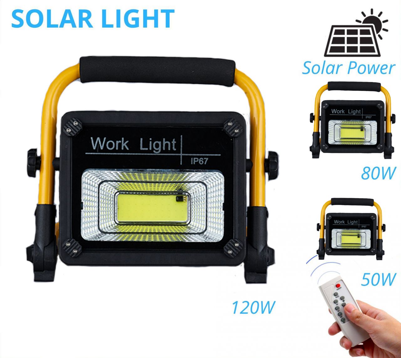 Napelemes Távirányítós Solar Hordozható COB Led reflektor beépített akkumulátoros munkalámpa USB 50W 80W 120W - W745