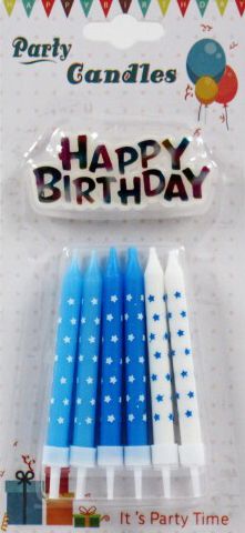 Tortagyertya tartóval kék/fehér 12db 8cm + Happy Birthday 609748