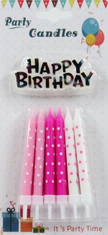 Tortagyertya tartóval pink/fehér 12db 8cm + Happy Birthday 609779