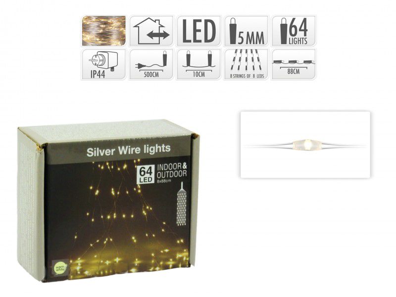 64 LEDes fényfüzér ezüstdrót háló meleg fehér AX8702500