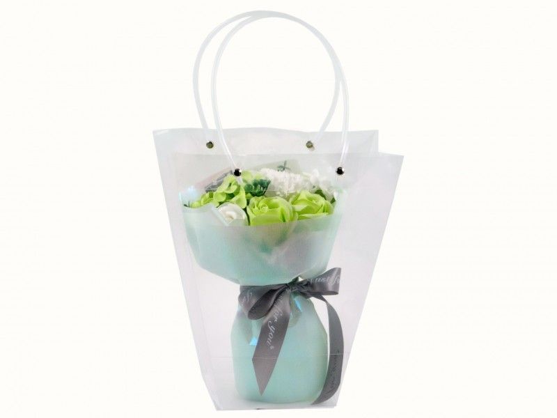 Szappanrózsa virágcsokor zöldes átlátszó dísztasakban 25cm 00981 - Ajándék szappan