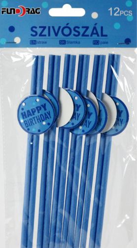 Papír szívószál kék Happy Birthday 12db 20cm 615251