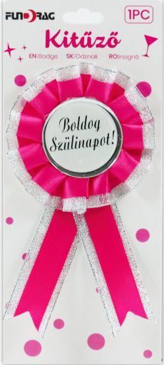 Party kitűző Boldog Szülinapot ezüst/pink 8x15cm 624901