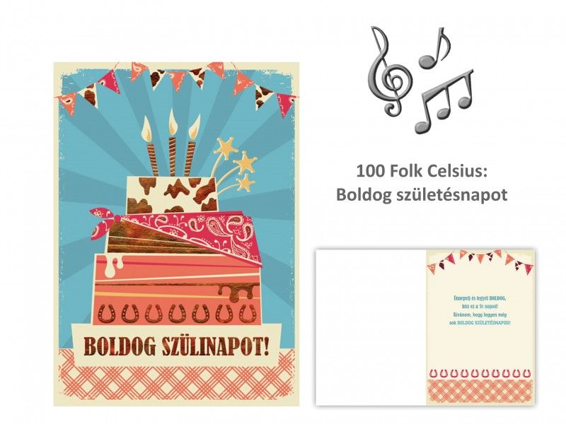 Zenélő képeslap Z + boríték 16x22,5cm - 100 Folk Celsius: Boldog születésnapot