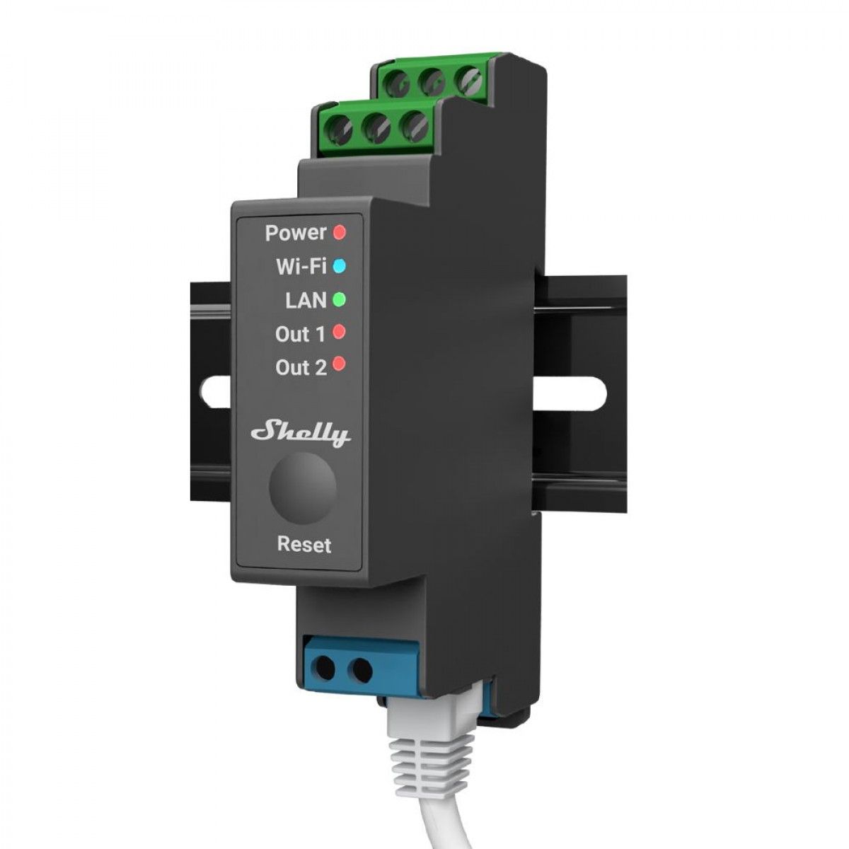 Shelly PRO 2 DIN-sínre szerelhető, 2 áramkörös, WiFi + Ethernet + Bluetooth kompatibilis okosrelé, feszültségmentes kapcsolásra is