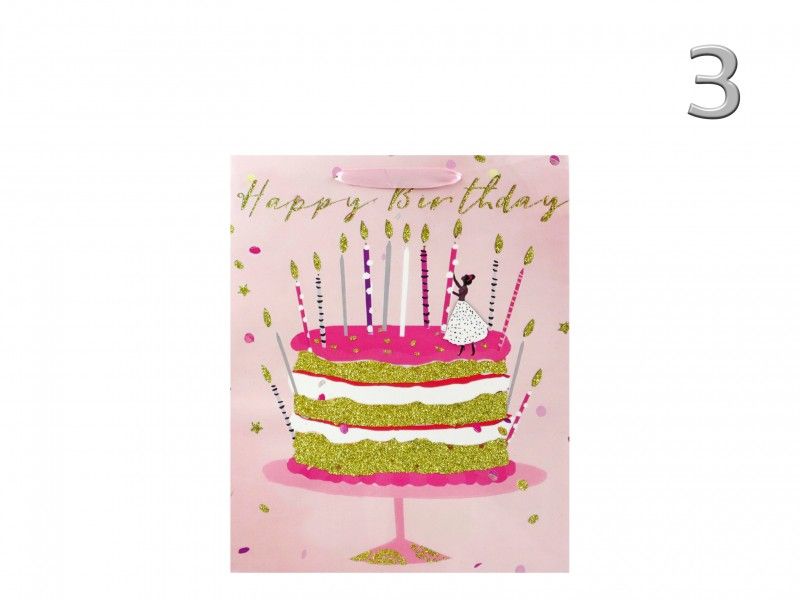 Ajándéktasak Happy Birthday rózsaszín/arany közép 18x8x23cm 4féle 02899