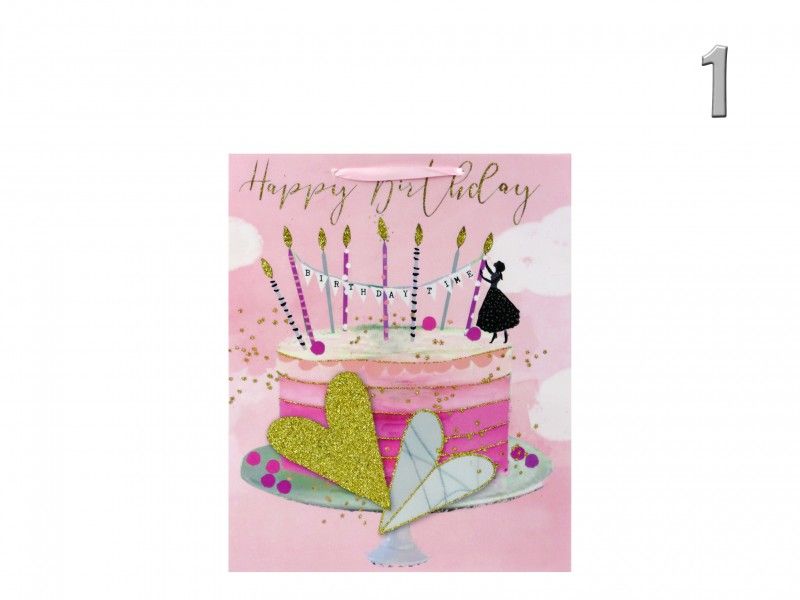 Ajándéktasak Happy Birthday rózsaszín/arany közép 18x8x23cm 4féle 02899