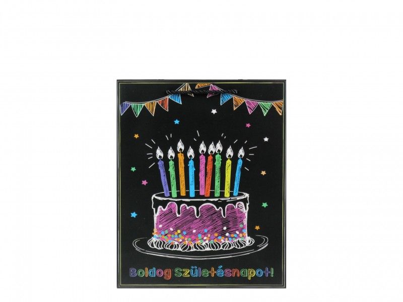 Ajándéktasak Boldog Születésnapot fekete tortás közép 18x10x23cm 02086