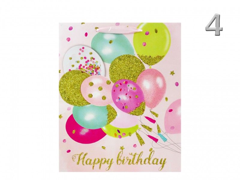 Ajándéktasak Happy Birthday rózsaszín/arany nagy 26x10,5x32cm 4féle 02900