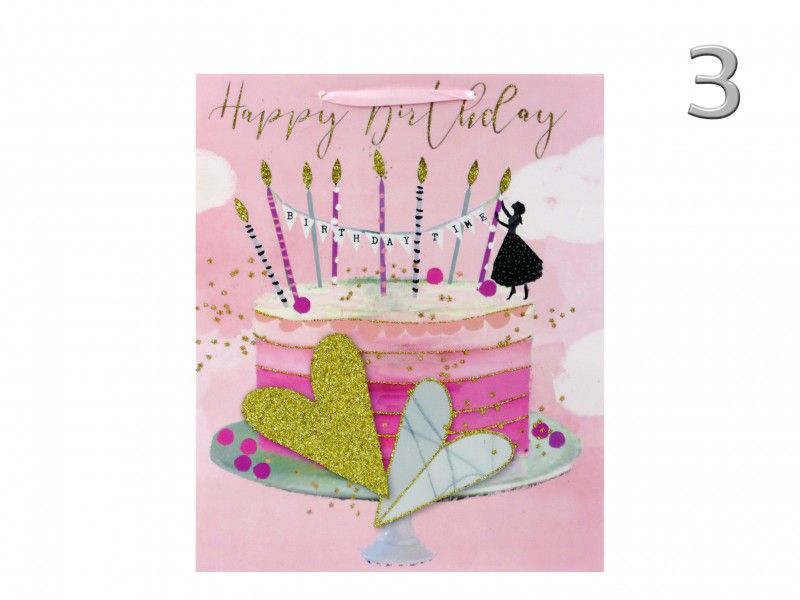 Ajándéktasak Happy Birthday rózsaszín/arany nagy 26x10,5x32cm 4féle 02900