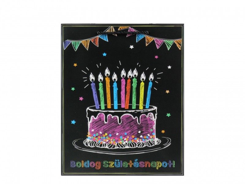 Ajándéktasak Boldog Születésnapot fekete tortás nagy 26x12,5x32cm 02087