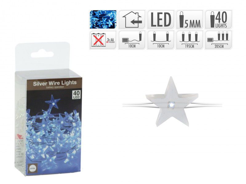 40 LEDes fényfűzér ezüstdrót csillagok fehér AX8715210