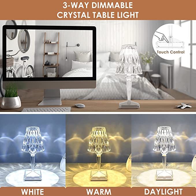 Crystal 3 színű Design Led lámpa érintőkapcsolós Akkumulátoros Led asztali lámpa USB - Ernyő