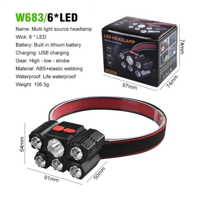 Szuper fényes 6 fejes LED Fejlámpa Akkumulátorral 3 mód USB - W683