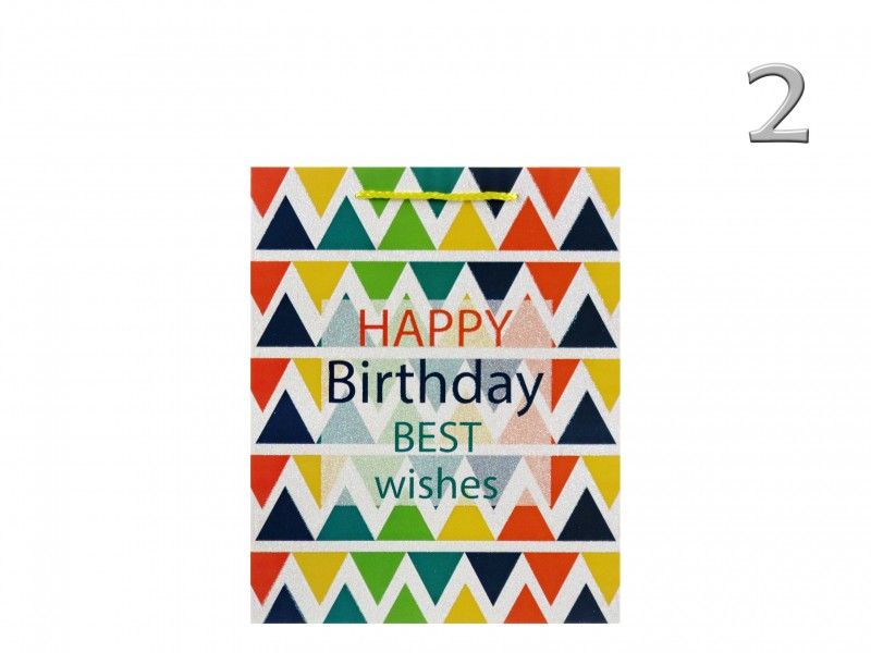 Ajándéktasak Happy Birthday színes glitteres közép 18x10x23cm 4féle 02832