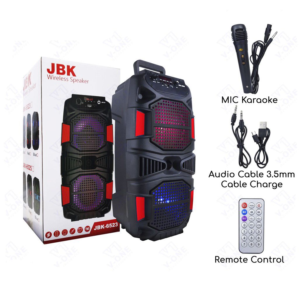 6,5" x 2 Bluetooth hangszóró LED, Akkus,Mp3,Rádió,USB, TF/micro SD kártya, AUX, Távirányító, Mikrofon - JBK-6523