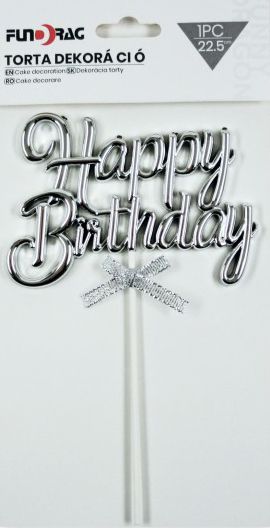 Tortadísz Happy Birthday ezüst 19cm 618122