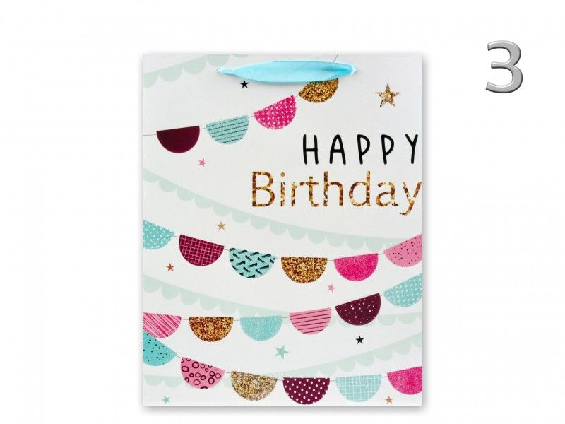 Ajándéktasak Happy Birthday pasztell nagy 26x10x32cm 4féle 03127