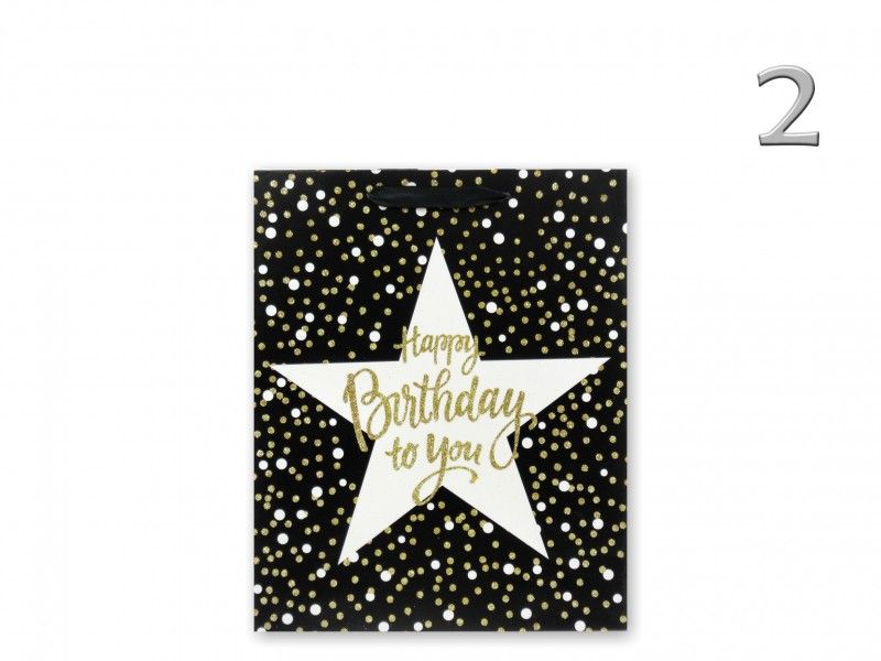 Ajándéktasak Happy Birthday arany glitteres közép 18x8x23cm 4féle 02876