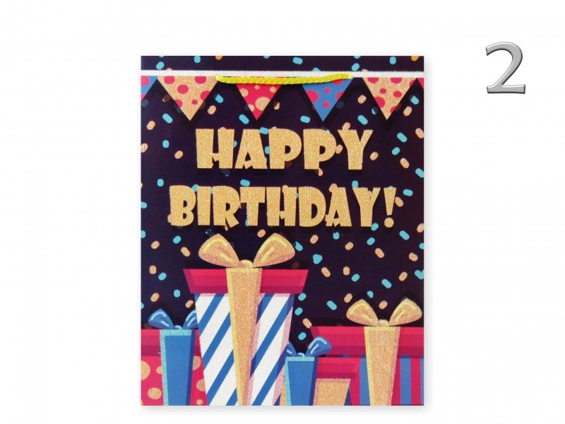 Ajándéktasak Happy Birthday retró glitteres nagy 26x10x32cm 4féle 02830