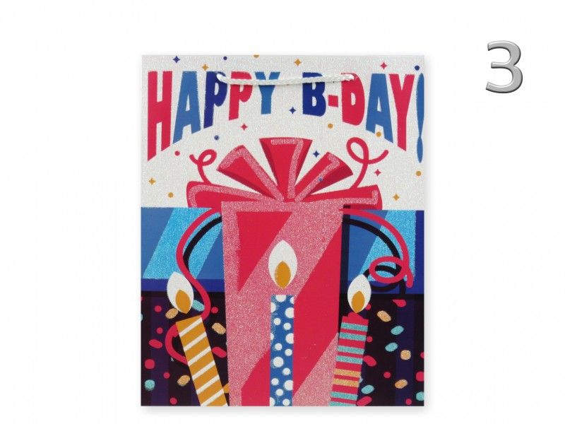 Ajándéktasak Happy Birthday retró glitteres nagy 26x10x32cm 4féle 02830