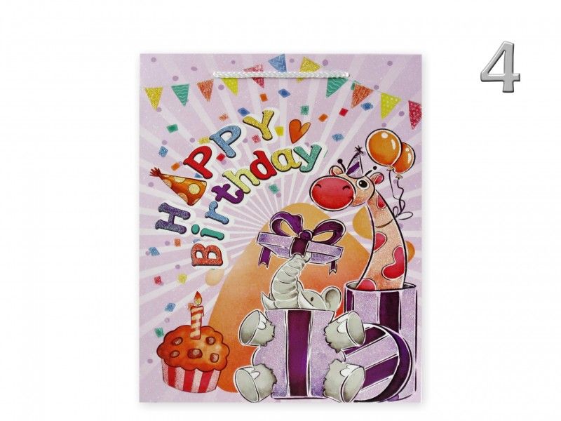 Ajándéktasak Happy Birthday állatos glitteres nagy 26x10x32cm 4féle 02813