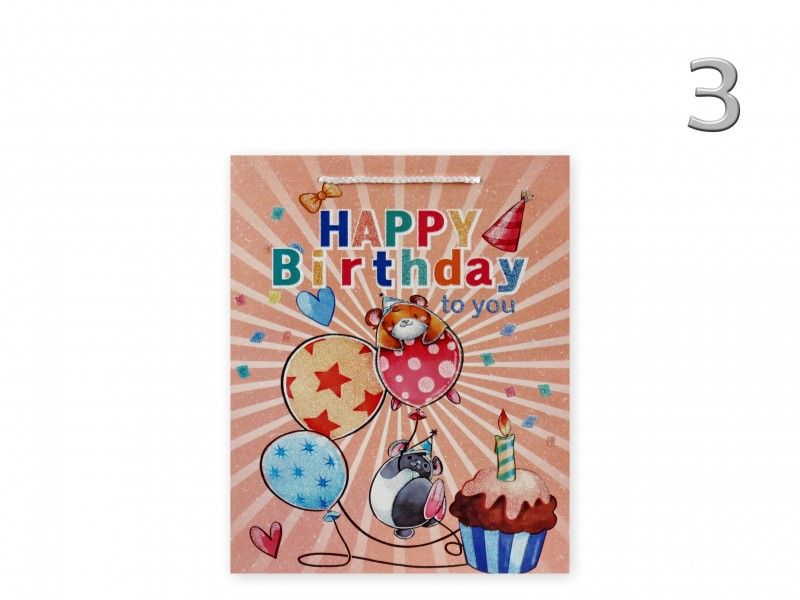 Ajándéktasak Happy Birthday állatos glitteres közép 18x8x23cm 4féle 02812