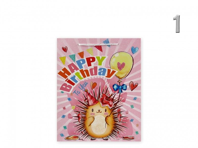Ajándéktasak Happy Birthday állatos glitteres közép 18x8x23cm 4féle 02812