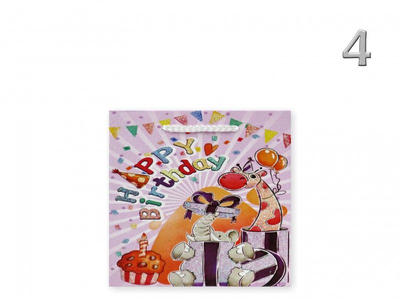 Ajándéktasak Happy Birthday állatos glitteres kicsi 15x6x15cm 4féle 02811