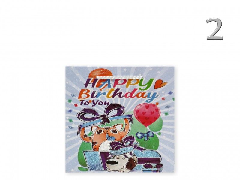 Ajándéktasak Happy Birthday állatos glitteres kicsi 15x6x15cm 4féle 02811