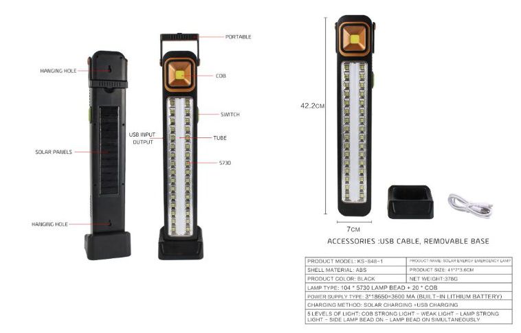 Multifunkciós Torony 48 LED + 1 COB LED Lámpa vészlámpa akkumulátoros Napelemes munkalámpa elemlámpa, USB - HEL-6866T