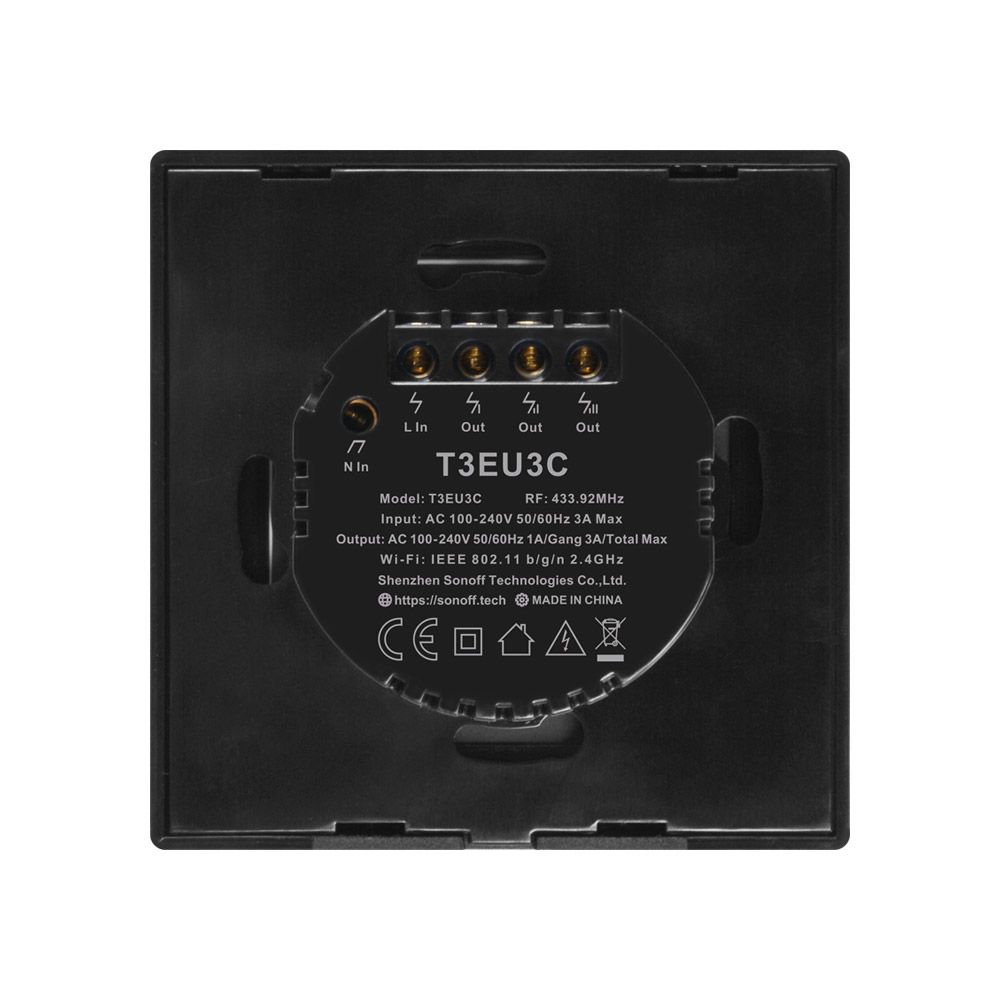 Sonoff TX T3 EU 3C WiFi + RF vezérlésű, távvezérelhető, érintős hármas csillár villanykapcsoló (fekete)