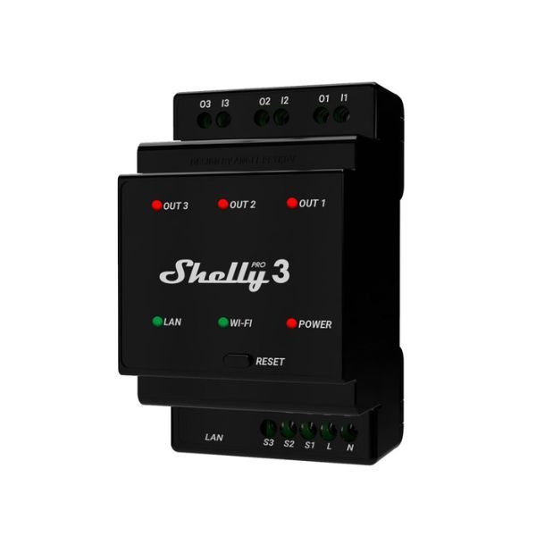 Shelly PRO 3 - három áramkörös WiFi + Ethernet + Bluetooth okosrelé, kapcsolóbemenettel, DIN-sínre szerelhető