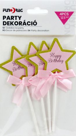 Torta dekoráció Happy Birthday csillag rózsaszín 4db 12,5cm 622198