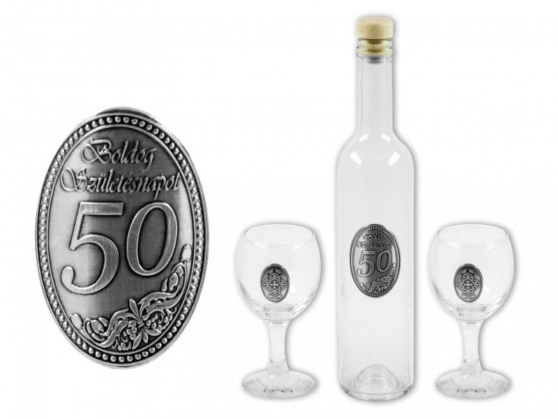 Palack + 2db boros pohár fémcímkés Boldog 50. Születésnapot PK/HP+2p - Óncímkés Boros készlet