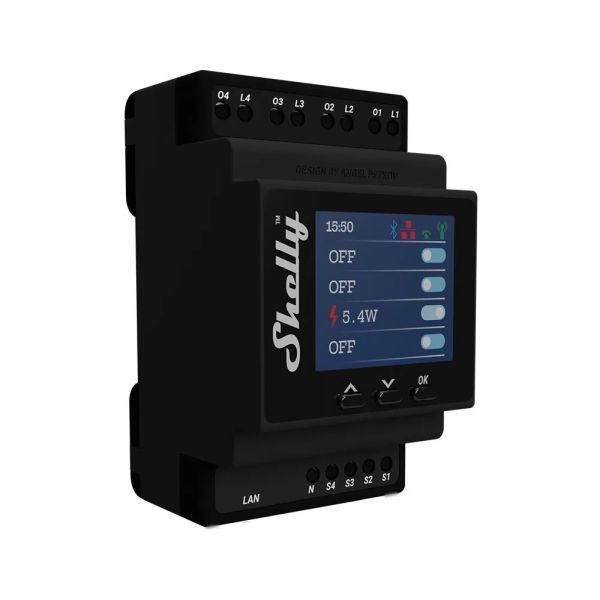 Shelly Pro 4PM négy áramkörös WiFi + Ethernet + Bluetooth okosrelé, kapcsolóbemenettel, DIN-sínre szerelhető