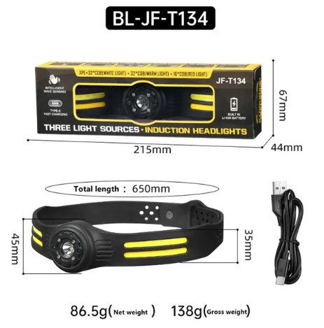 Mozgásérzékelős 6 üzemmódú 2 COB LED 1 XPE LED fejlámpa Akkumulátoros USB - JF-T134