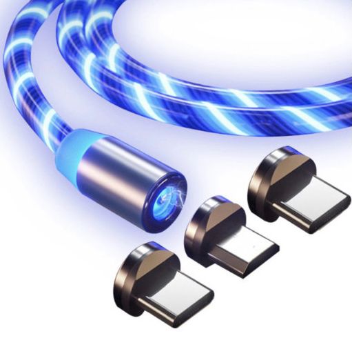 3 az 1 -ben fém mágneses X-Cable 360 ​​automatikusan csatlakoztatható LED-es áramló fény töltőkábel Micro USB, 8pin  lightning, USB-C - Android és Iphone telefonokhoz